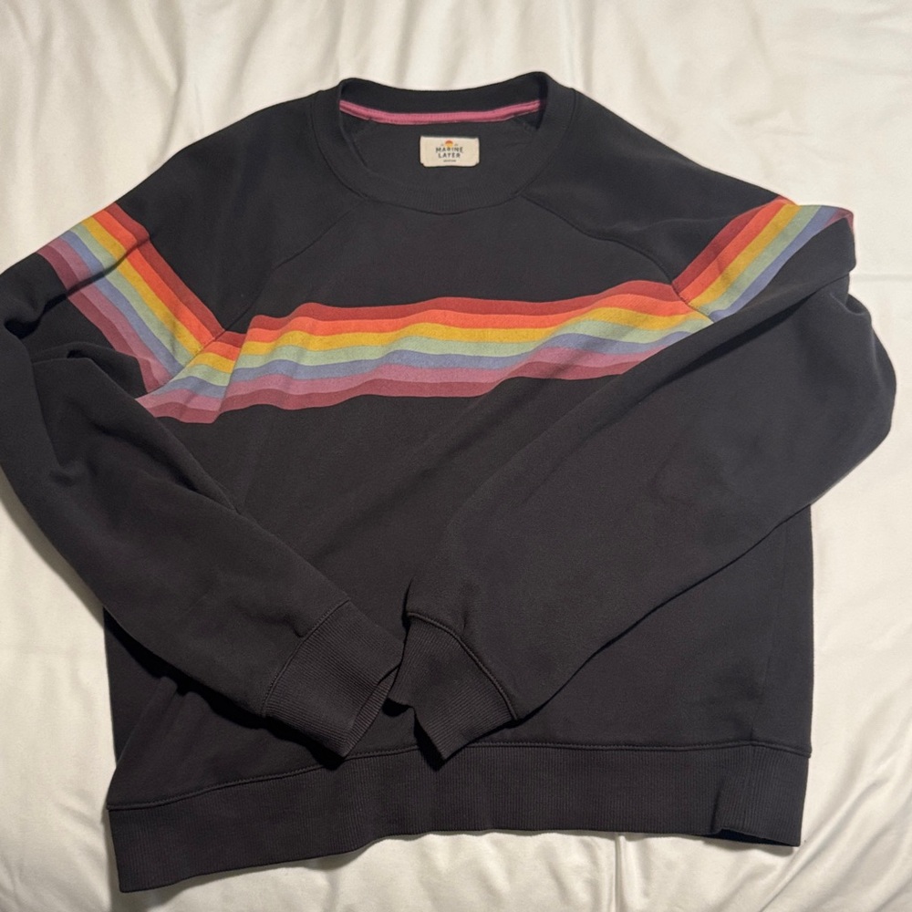 Marine Layer Anytime Black Crewneck Sweater with Rainbow Stripes